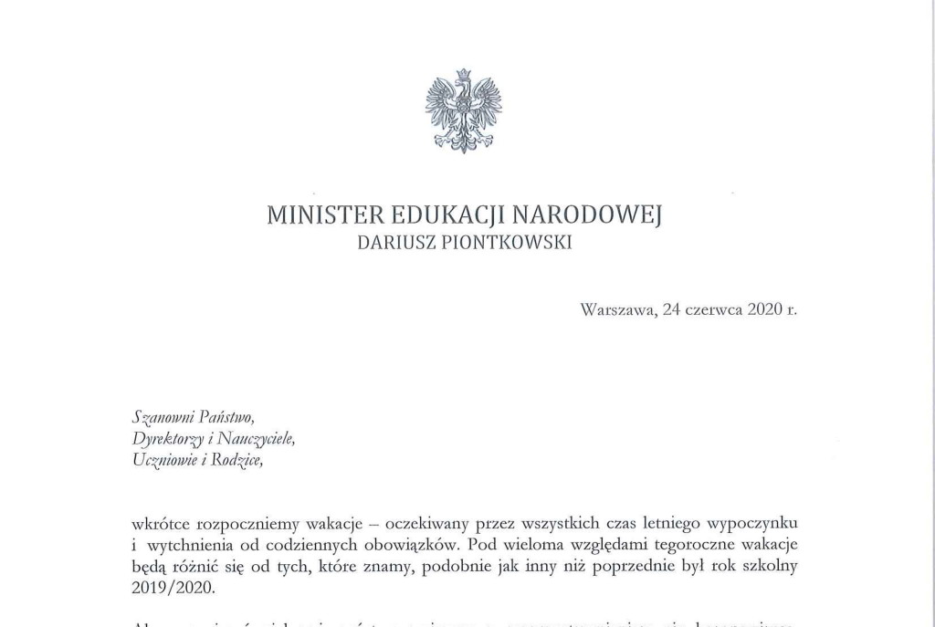 List Ministra Edukacji Narodowej